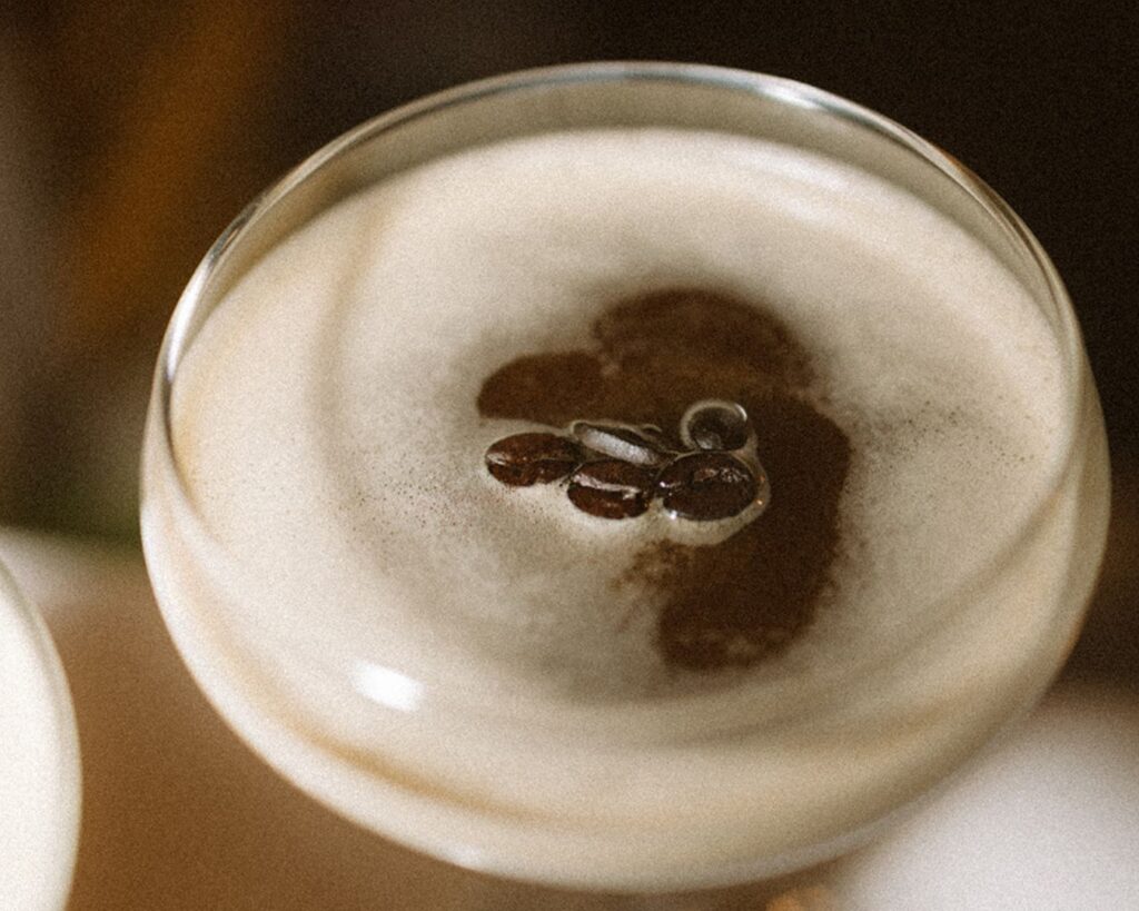 up close shot of the signature drink: an espresso martini